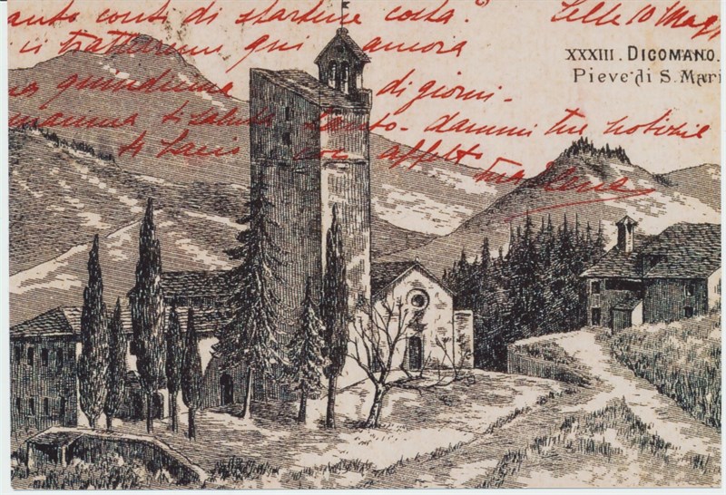 Un antico disegno raffigurante la Pieve di Santa Maria a Dicomano. 