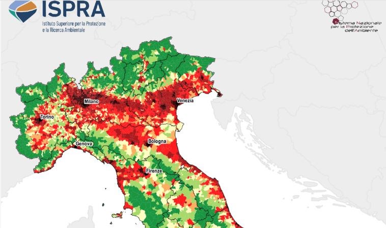 La situazione dell’Italia del nord (più rosso, pi§ consumo di suolo)
