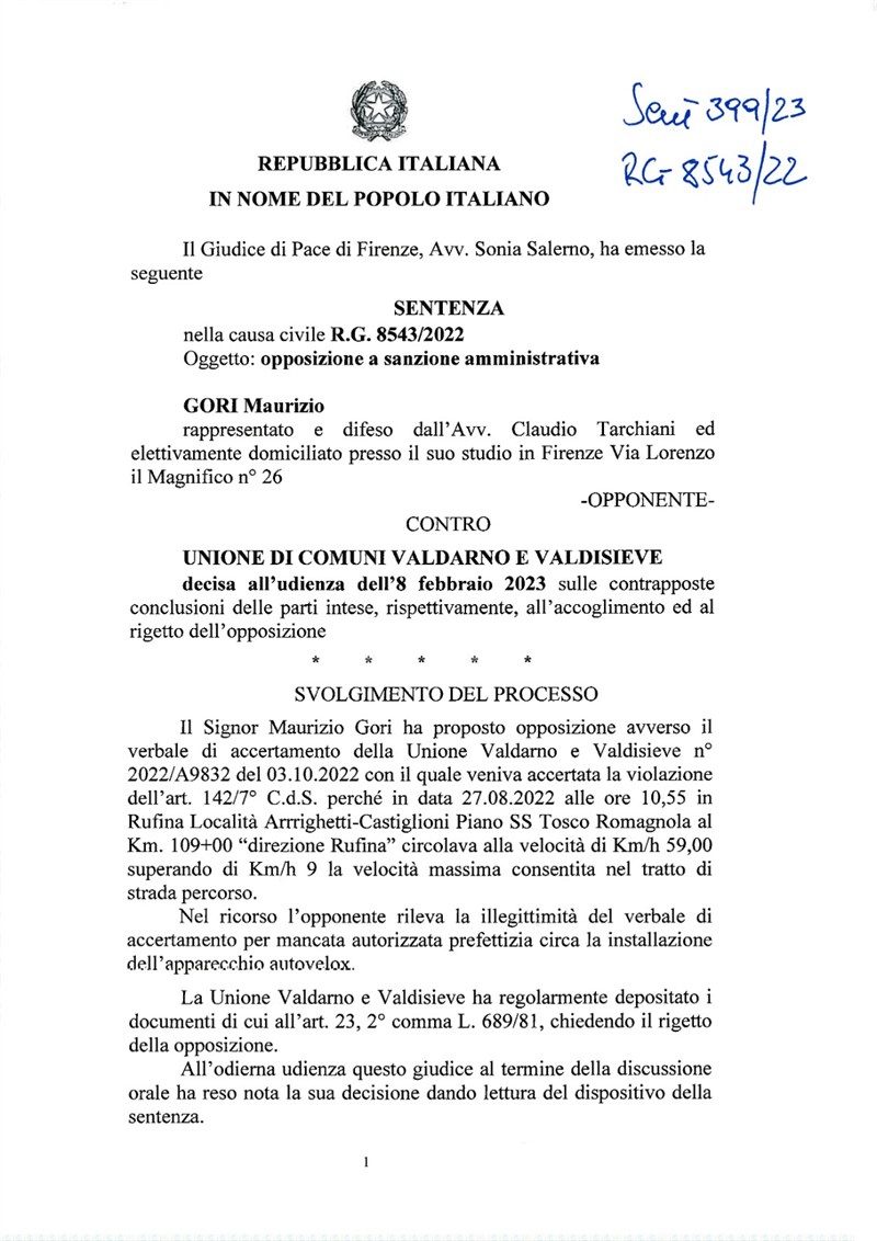 Sentenza di annullamento emessa dall'Autorità giudiziaria contro Autovelox "Diritta di Piano" in direzione Rufina