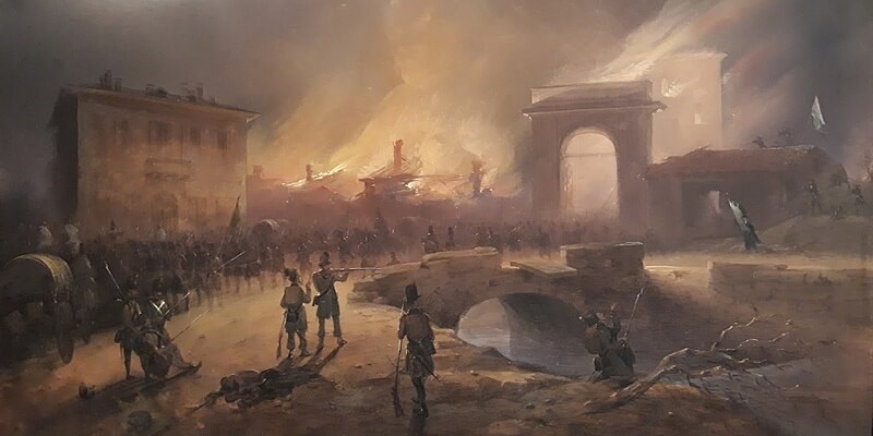 1848 - La ritirata degli austriaci dal dazio di Porta Tosa (oggi piazza Cinque Giornate) la notte del 22 marzo 1848 Tempera su carta di Carlo Bossoli