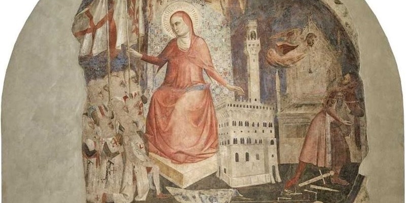 porzione dell'affresco "Sant'Anna che caccia il Duca d'Atene"
(Orcagna, 1349, Salotto del Quartiere di Leonora in Palazzo Vecchio, cui si accede dalla Sala dei Gigli)