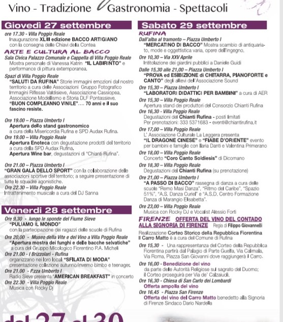 Da giovedì a domenica Bacco Artigiano a Rufina. Il programma