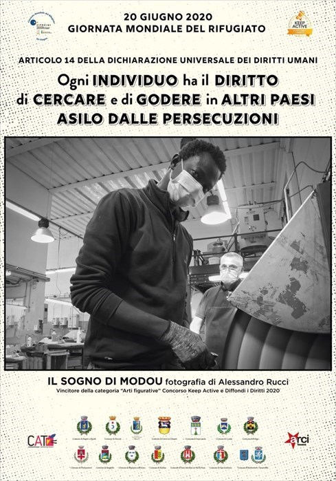 Il manifesto del progetto SIPROIMI con "Il Sogno di Modou" di Alessandro Rucci, foto vincitore del concorso artistico “KEEP ACTIVE e DIFFONDI I  DIRITTI”