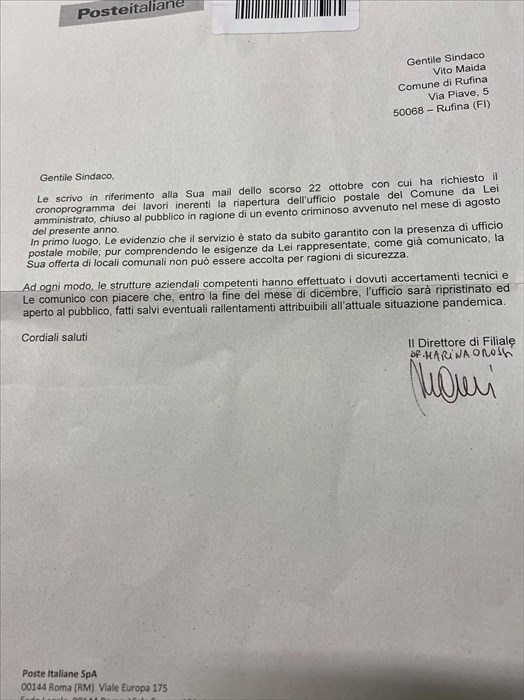 Lettera inviata da Poste Italiane al Sindaco di Rufina Vito Maida