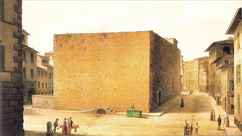 Veduta del carcere delle Stinche in un disegno ottocentesco di Fabrio Borbottoni