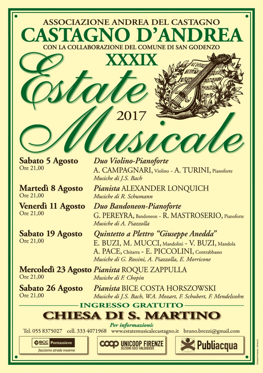 Estate Musicale 2017. Inizio dei concerti a Castagno D’Andrea