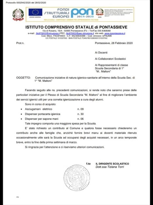 Circolare 0002942/2020 del 28 febbraio 2020 , consegnata ai genitori degli studenti della Scuola secondaria Maria Maltoni di Pontassieve