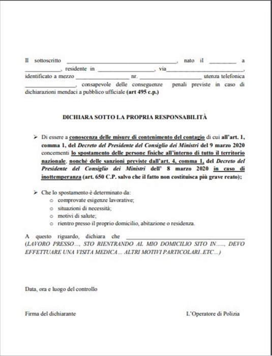 Modulo di autocertificazione per spostamento a seguito del Decreto ""Anti coronavirus"" del 10 Marzo 2020.