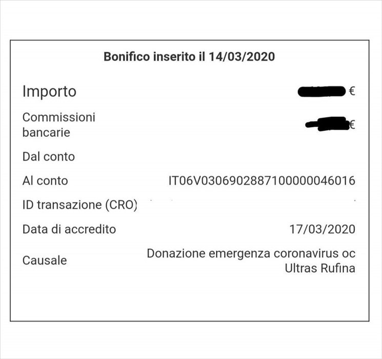 Bonifico a Careggi degli Ultras Rufina per COVID-19 pubblicato sulla loro pagina Facebook