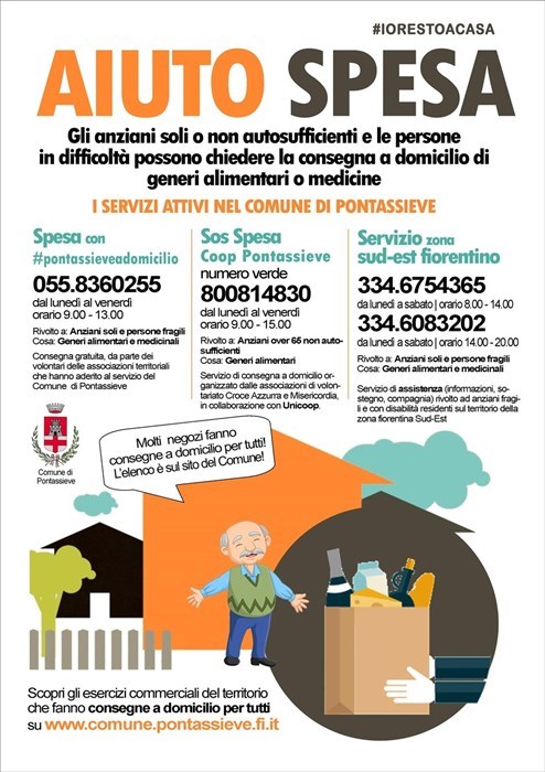 Locandina di ""AIUTO SPESA"", l'insieme delle iniziative messe in atto dal Comune di Pontassieve per i cittadini ed un riassunto dei numeri di riferimento.