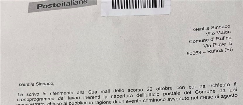 Lettera inviata da Poste Italiane al Sindaco di Rufina Vito Maida