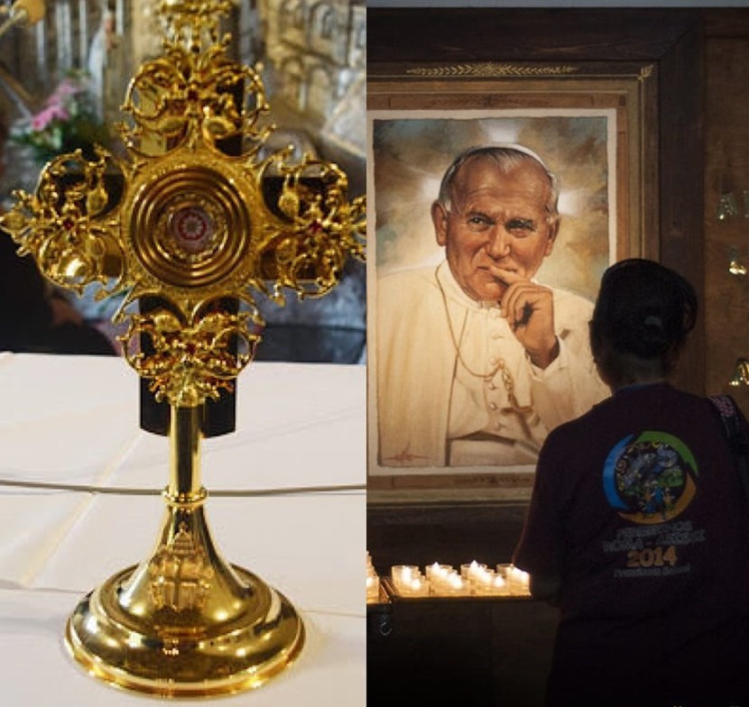 Sulla destra una immagine di Papa Giovanni Paolo II, sulla sinistra la reliquia di Papa Giovanni Paolo II rubata a Spoleto e non ancora rinvenuta