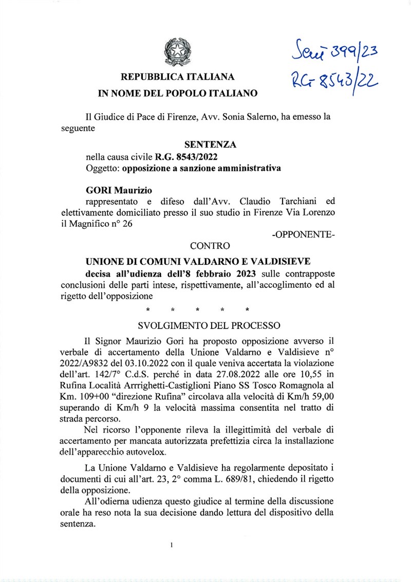 Sentenza di annullamento emessa dall'Autoritร giudiziaria contro Autovelox ""Diritta di Piano"" in direzione Rufina