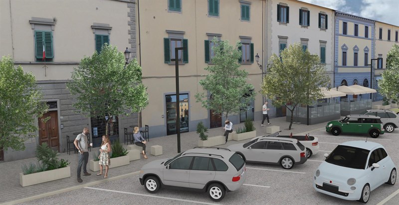 Render dell'ipotesi di progetto di riqualificazione di Piazza Umberto I a Rufina e del centro storico