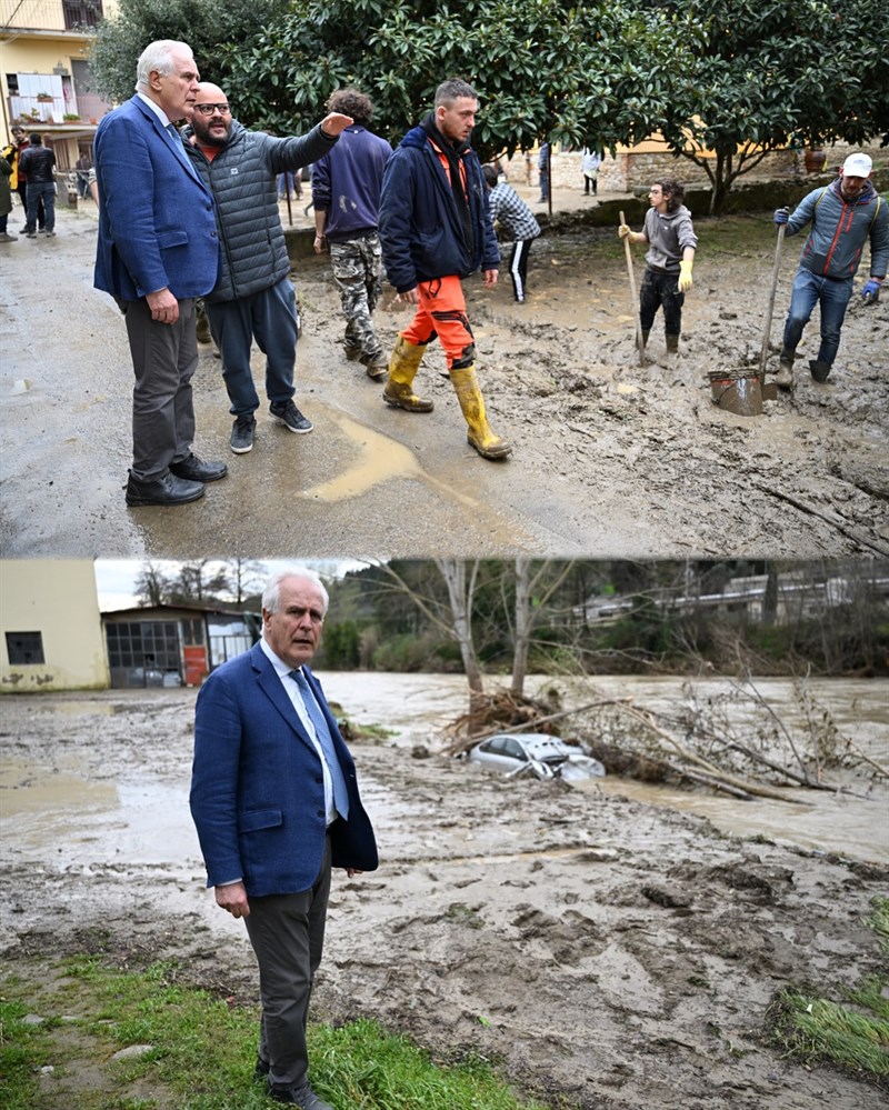 Il Presidente della Regione Toscana Giani in visita ai volontari nei Comuni di Pelago, Pontassieve e Rufina colpiti dall'alluvione