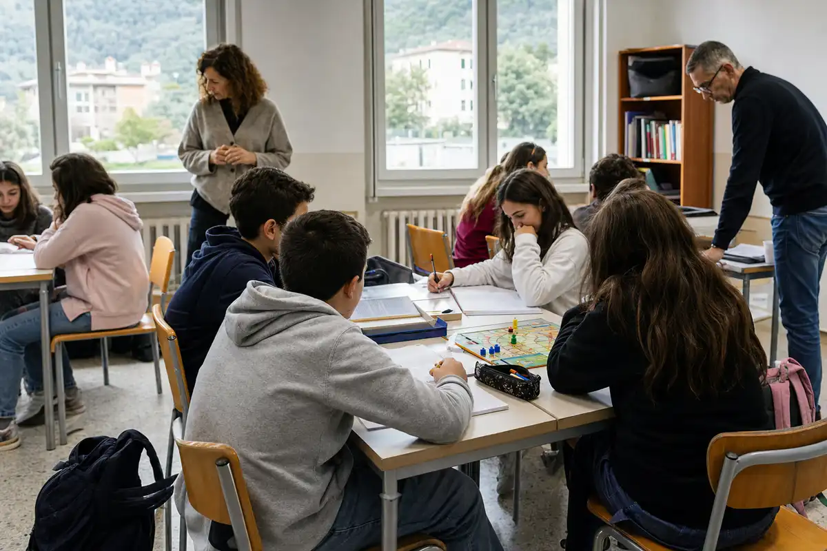 Ragazzi delle medie studiano e giocano a un tavolo in aula, con due educatori sullo sfondo