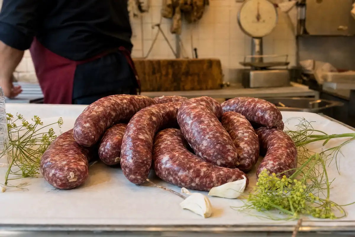Salsicce fresche di bardiccio su carta da macellaio con finocchietto e spicchi d’aglio, banco di bottega sullo sfondo