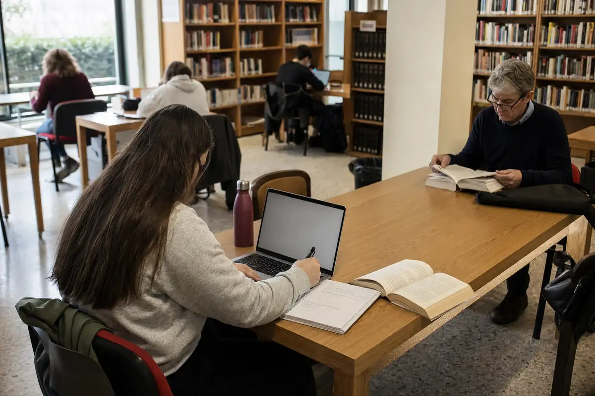 Sala studio di una biblioteca con studentessa al laptop e uomo che legge a un tavolo, scaffali di libri sullo sfondo