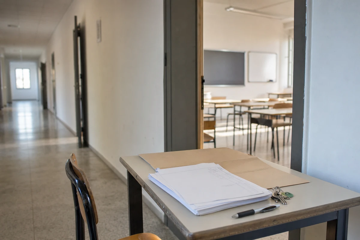 Corridoio scolastico con aula vuota sullo sfondo e tavolino con fascicolo di carte, penna e chiavi in primo piano