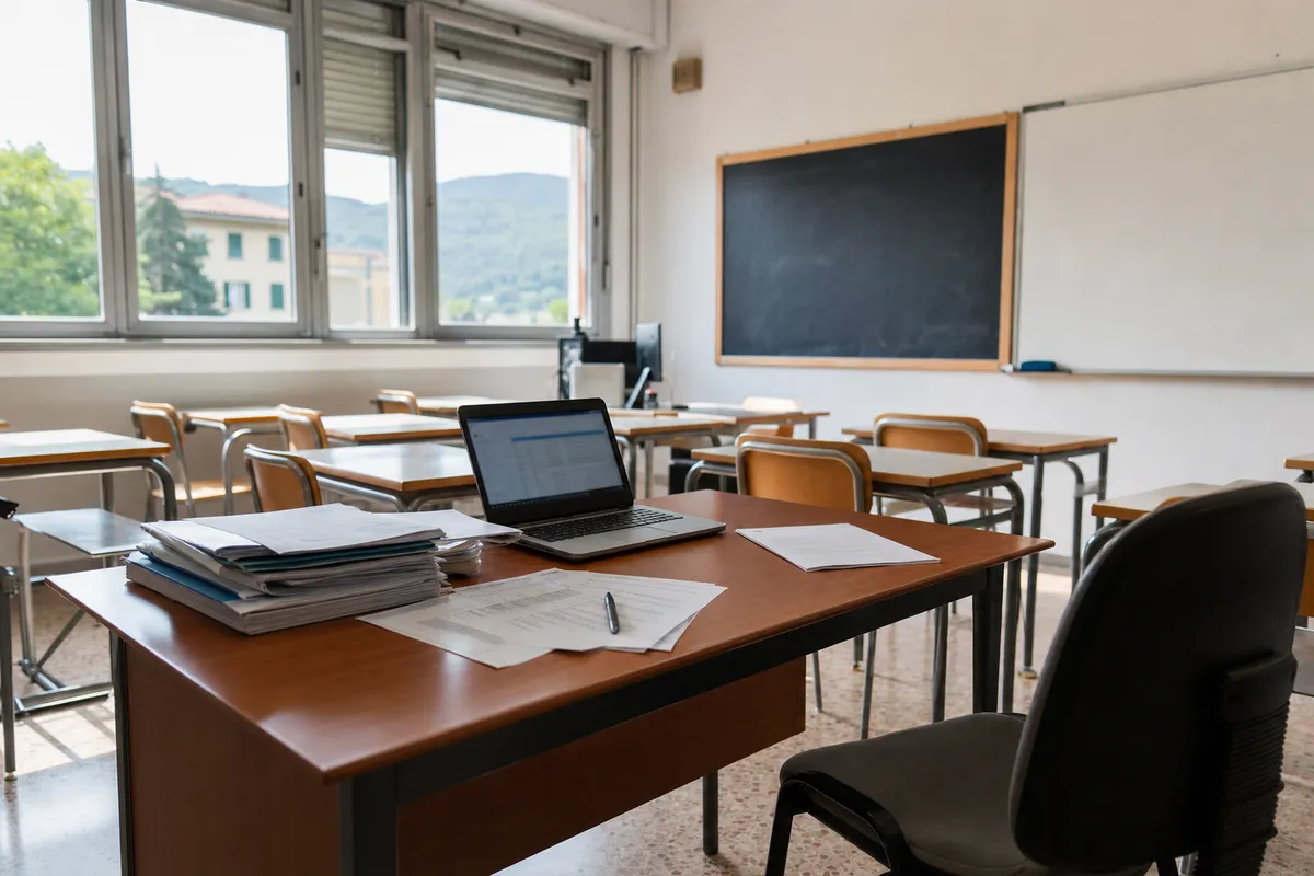Aula scolastica vuota con cattedra, laptop aperto e pile di documenti, sedie e banchi in controluce dalle finestre