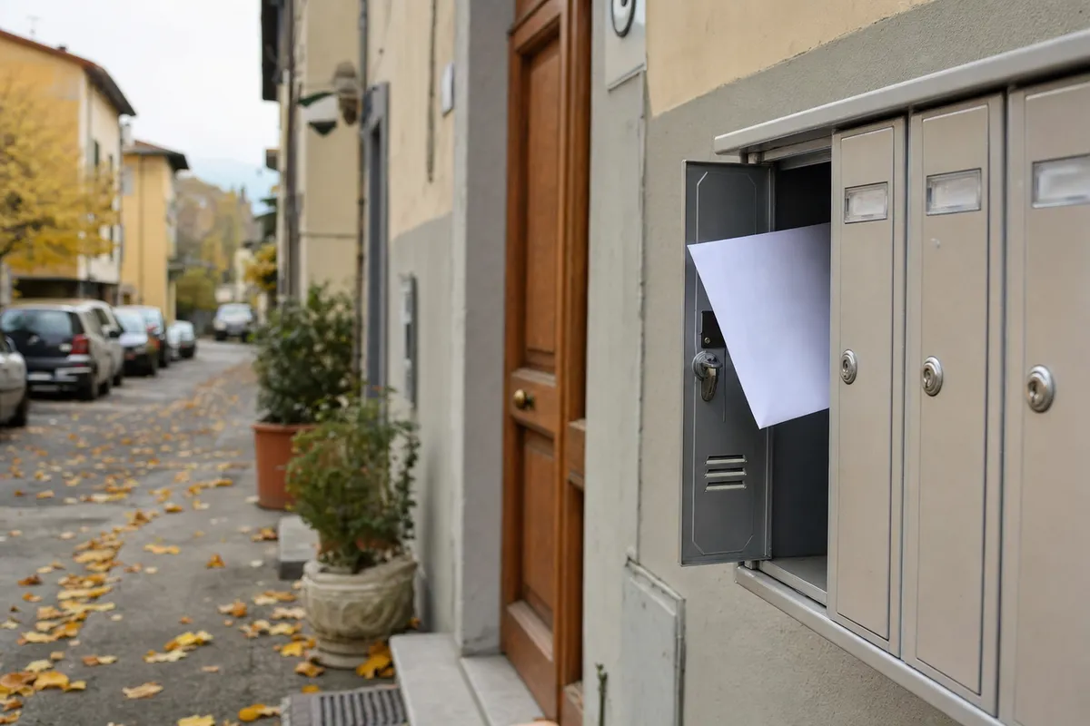 Cassetta postale aperta con busta bianca visibile all’ingresso di un palazzo, su una strada residenziale in autunno