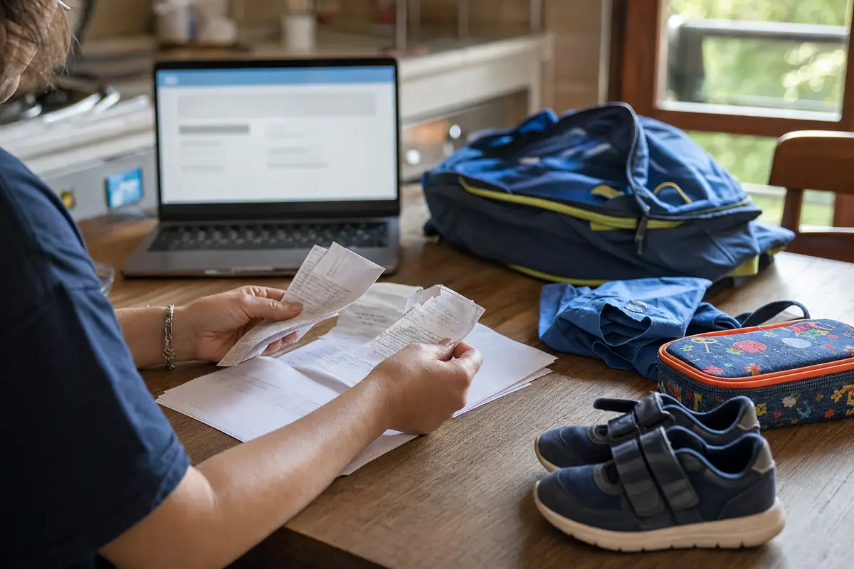 Mani di un genitore che controlla ricevute su un tavolo, con laptop aperto, zaino e scarpe da bambino