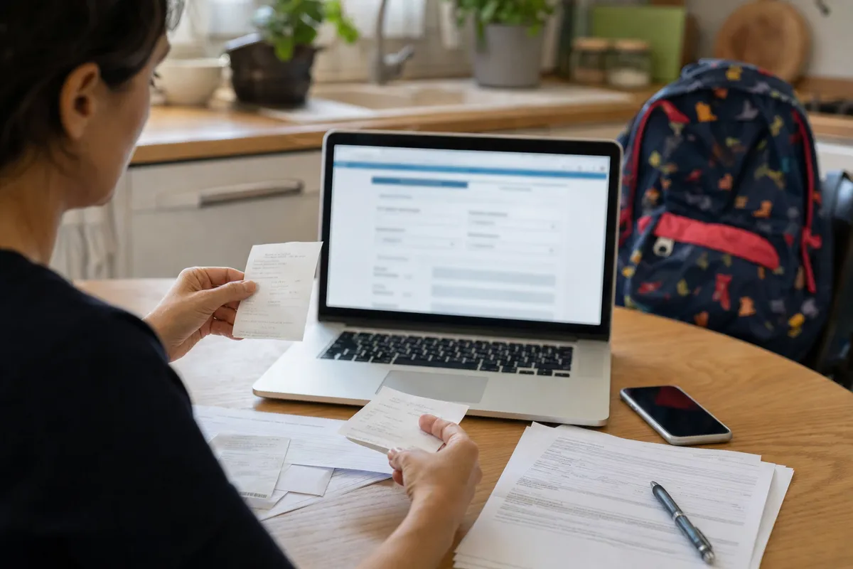 Genitore al tavolo con ricevute e documenti, laptop con modulo online sfocato e zaino per bambini sullo sfondo