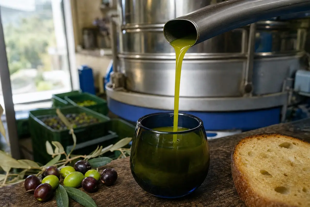 Olio extravergine appena franto versato da un beccuccio in un bicchierino scuro, con olive e pane tostato