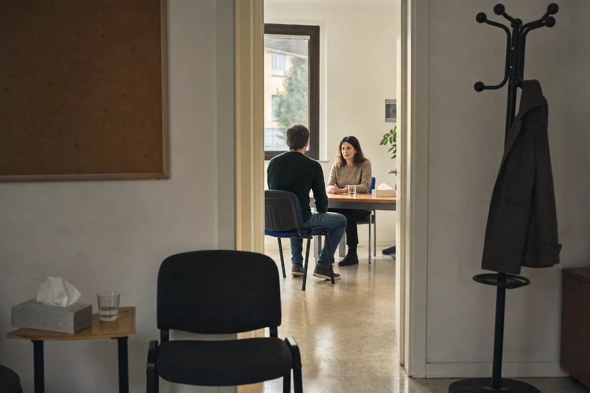 Colloquio tra due persone sedute a un tavolo in una stanza, visto da un corridoio con sedie d’attesa e attaccapanni