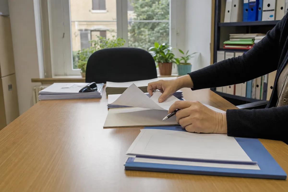 Mani che ordinano moduli e documenti su una scrivania in un ufficio comunale, con cartelline e scaffali sullo sfondo