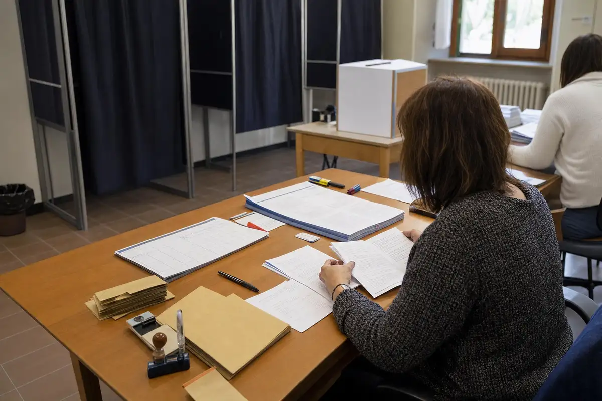 Persone sedute a un tavolo con moduli elettorali e timbro, con cabina e urna sullo sfondo