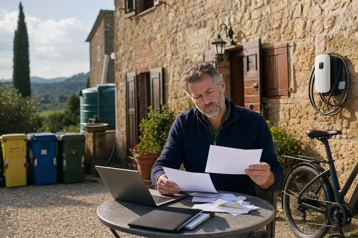 Gestore di agriturismo controlla bollette e fatture al tavolo, con colonnina di ricarica e bidoni per la differenziata